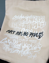 Load image into Gallery viewer, Artistic tote bag with the quote "art has no rules" written in a graffiti style