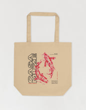 Load image into Gallery viewer, Artistic canvas tote bag featuring two abstract stamped koi fish
