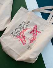 Load image into Gallery viewer, Graphic design tote bag with two swimming abstract koi fish