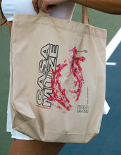 Load image into Gallery viewer, Abstract red koi fish date stamp art on a canvas tote bag