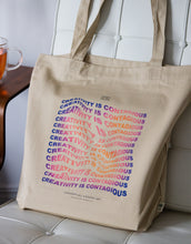 Load image into Gallery viewer, Artistic tote bag with a purple gradient warped text effect