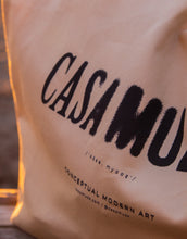 Load image into Gallery viewer, Distressed ink bleed Casa Muze text effect on a tote bag