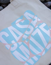 Load image into Gallery viewer, Two tone geometric organic shapes tote bag that says Casa Muze