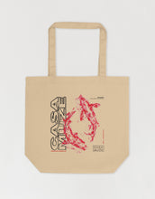Load image into Gallery viewer, Artistic canvas tote bag featuring two abstract stamped koi fish
