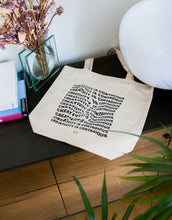 Load image into Gallery viewer, Abstract art quote tote bag with a wavy distorted text effect

