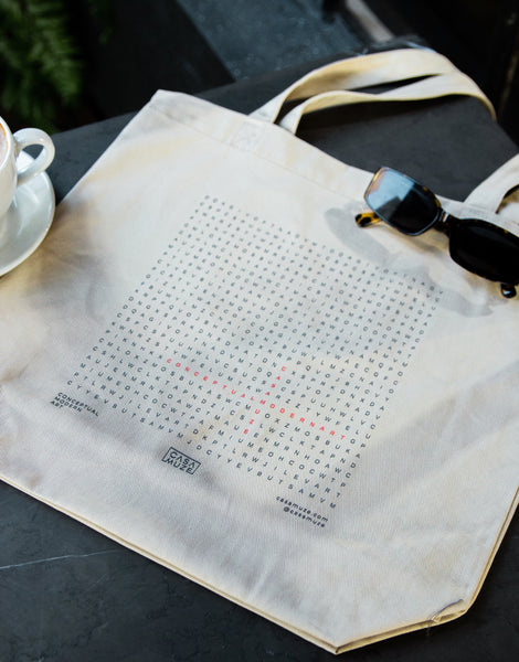 Casa Muze minimalist word search canvas tote bag design