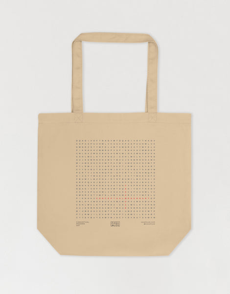 Artistic tote bag design with a word search graphic