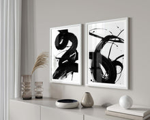 Load image into Gallery viewer, B&amp;W Art Print Abstract Brushstrokes Set of 2
