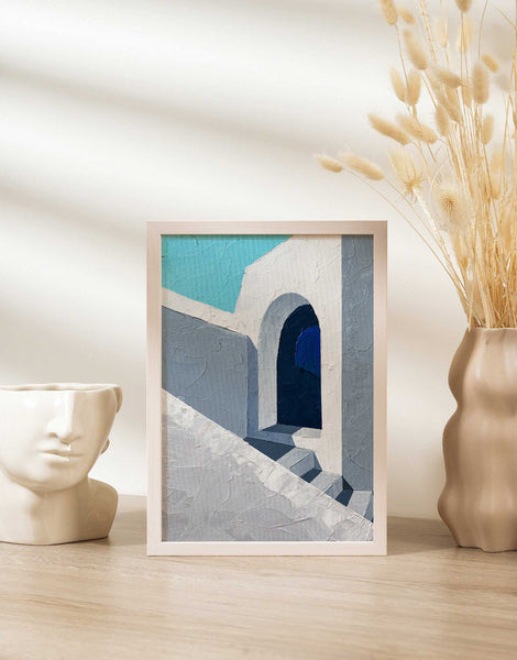 Art Print of Greece White Staircase Painting 